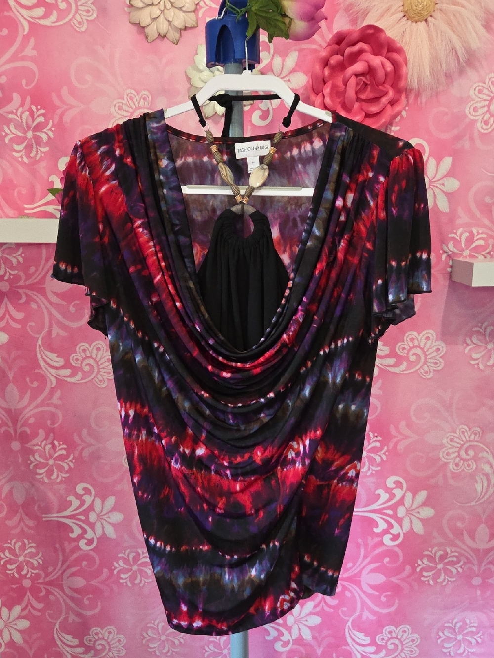 Fashion Bug Red and Purple Tie-Dye Cowl Neck Blouse